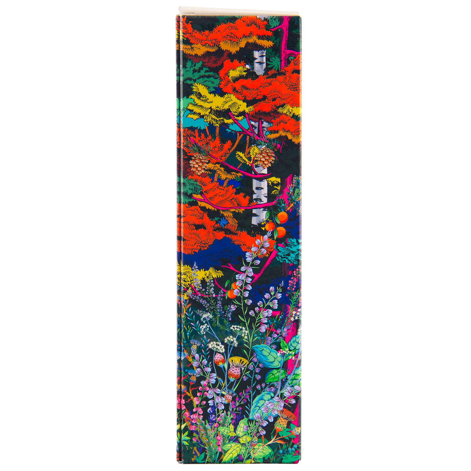 A tall rectangular box featuring vibrant, multicolored illustrations of flowers, plants, and trees captures the spirit of Glenmorangie A Tale of Forest Limited Edition whisky, set against a striking black background.