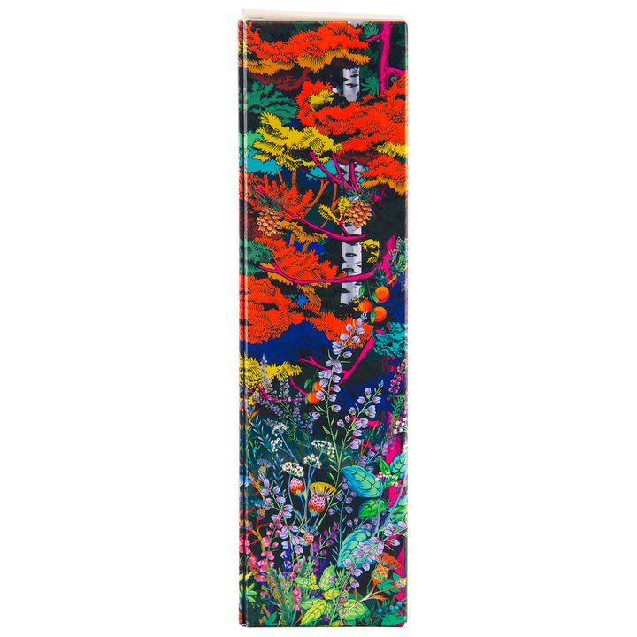 A tall rectangular box featuring vibrant, multicolored illustrations of flowers, plants, and trees captures the spirit of Glenmorangie A Tale of Forest Limited Edition whisky, set against a striking black background.