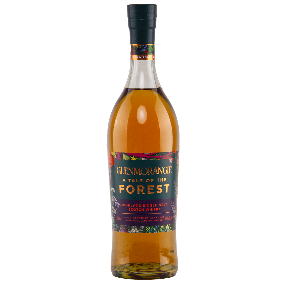 A bottle of Glenmorangie A Tale of Forest Limited Edition whisky, featuring a dark, botanical-themed label with gold, red, and green accents, stands upright on a white background.