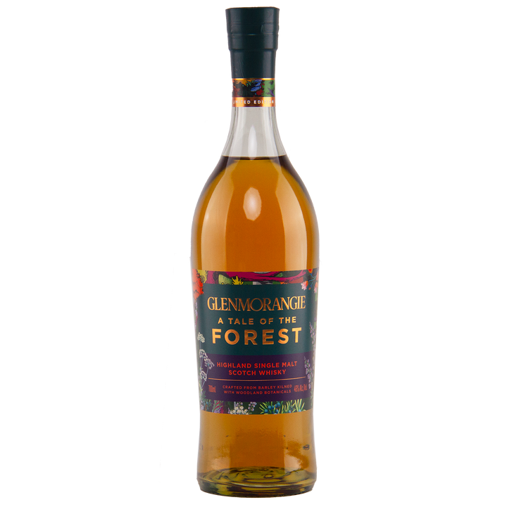 A bottle of Glenmorangie A Tale of Forest Limited Edition whisky, featuring a dark, botanical-themed label with gold, red, and green accents, stands upright on a white background.