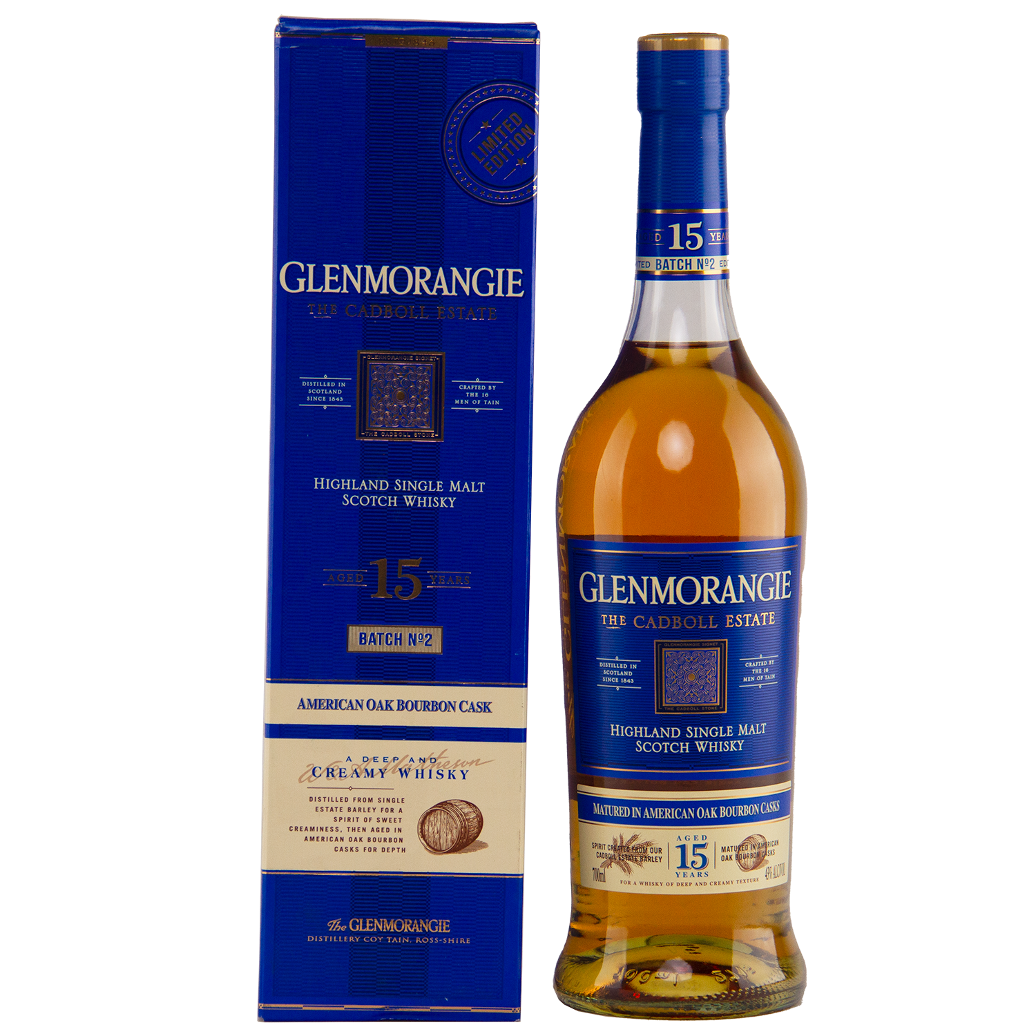 A bottle of Glenmorangie The Cadboll 15 Year Old Single Malt Whisky stands beside its blue and gold box, both displaying distinctive branding and detailed product information.