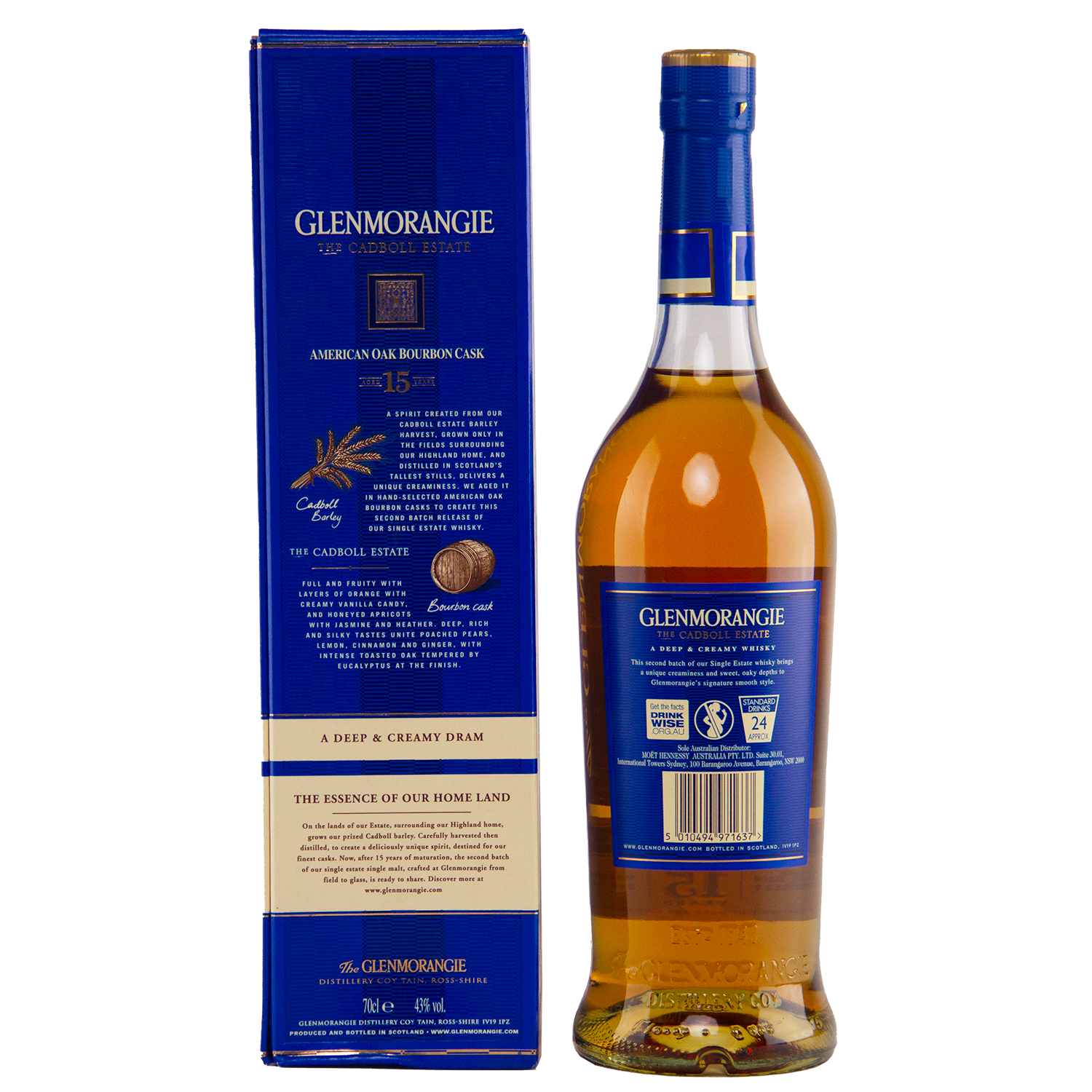 A bottle of Glenmorangie The Cadboll 15 Year Old Single Malt Whisky is placed beside its blue box, both featuring gold and white text highlighting detailed product information and branding.