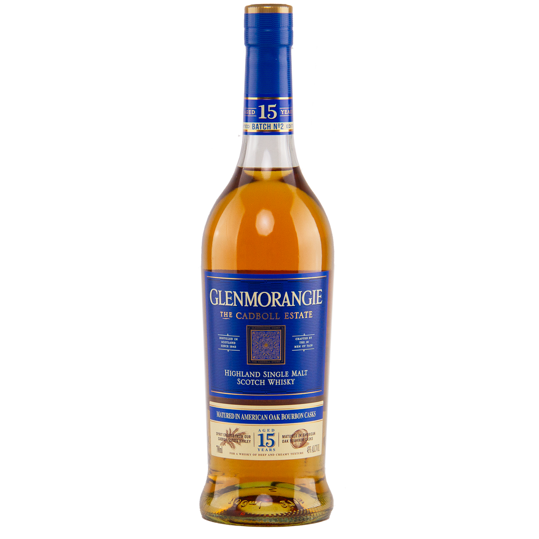 A bottle of Glenmorangie The Cadboll 15 Year Old Single Malt Whisky, with a blue and gold label and blue cap, is shown against a plain white background.