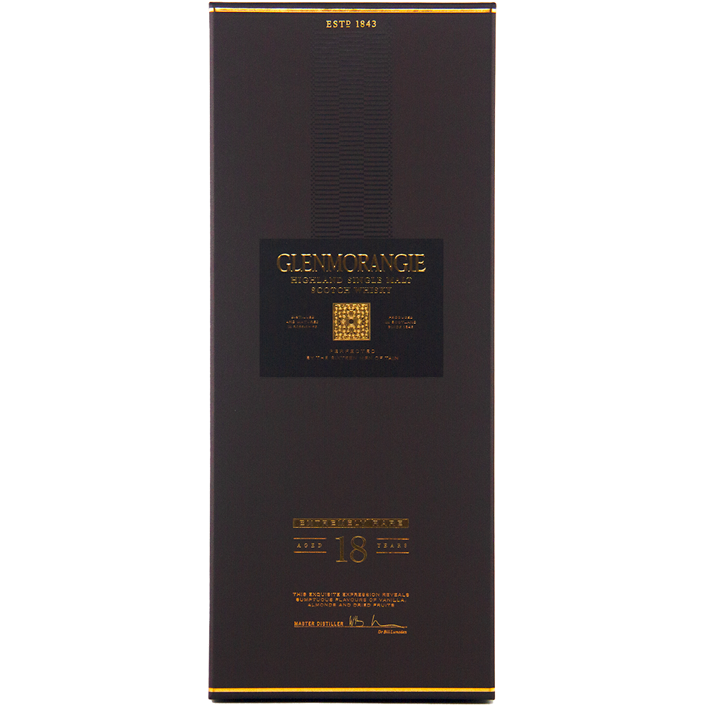 A dark brown box with gold accents for Glenmorangie Extremely Rare 18 Year Old Single Malt Whisky, displaying the brand name, age statement, and details about its Oloroso sherry cask finish in gold text.