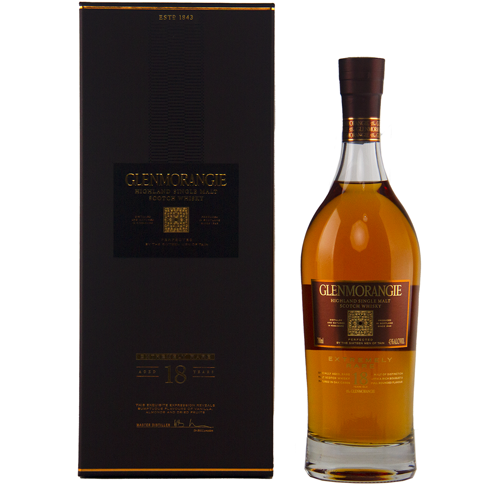 A bottle of Glenmorangie Extremely Rare 18 Year Old Single Malt Whisky is shown next to its elegant dark box with gold accents and labeling.