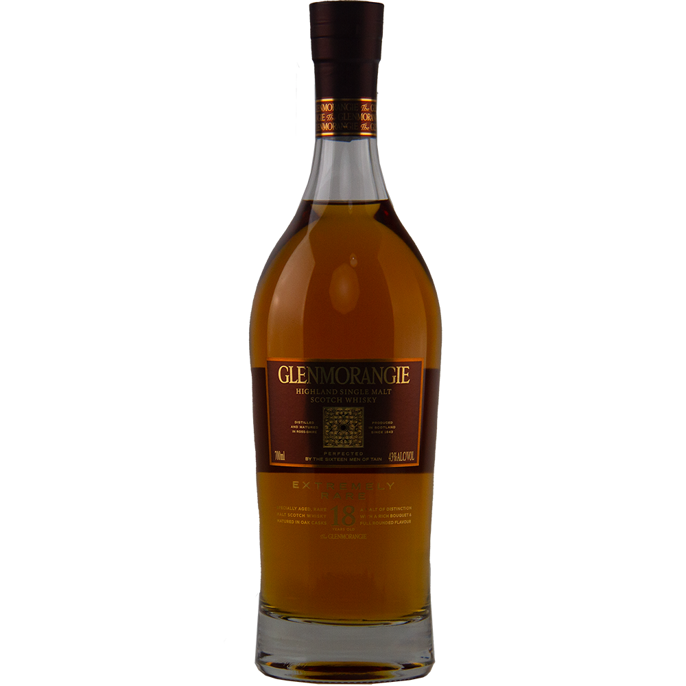 A bottle of Glenmorangie Extremely Rare 18 Year Old Single Malt Whisky with a brown and gold label, aged in Oloroso sherry casks, displays a rich amber spirit inside its tall bottle.