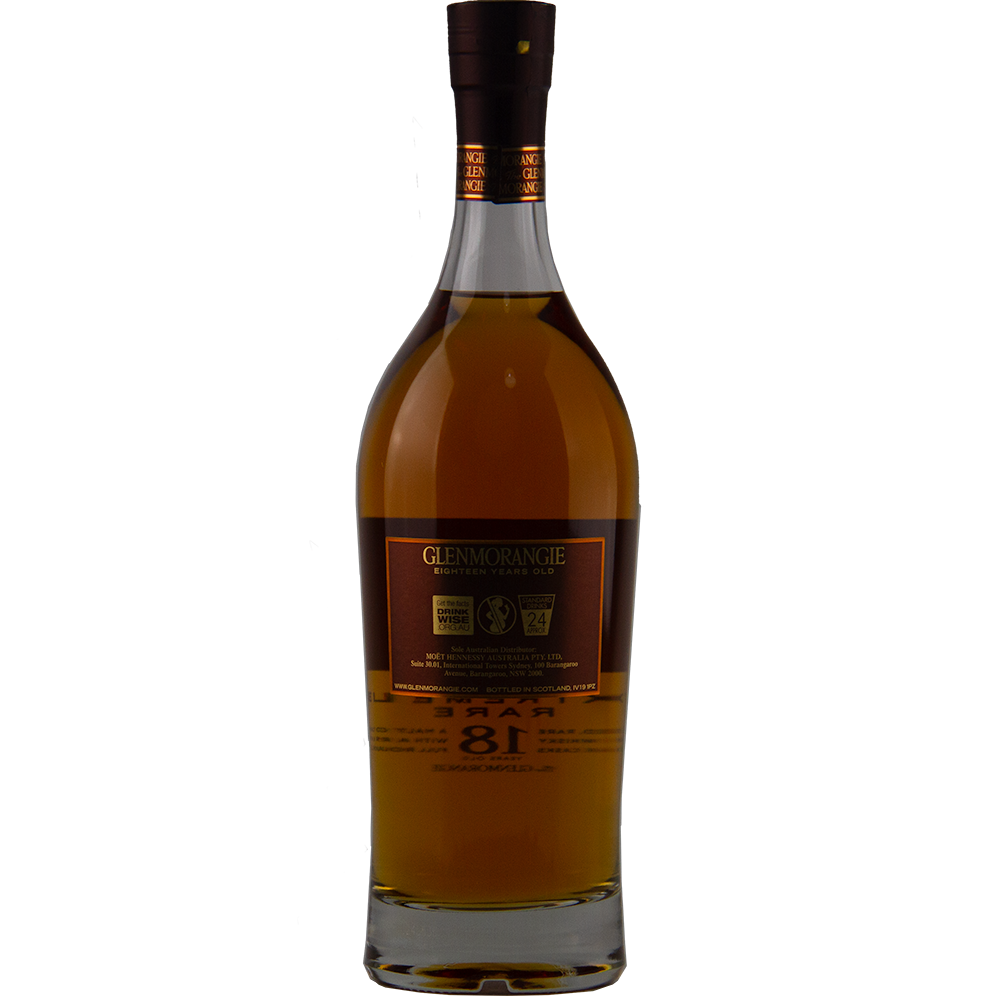 A bottle of Glenmorangie Extremely Rare 18 Year Old Single Malt Whisky featuring a dark brown label with golden text and amber-colored spirit, displayed against a plain white background.