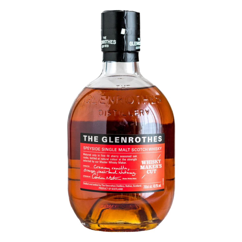 A bottle of Glenrothes Whisky Maker’s Cut Single Malt Scotch Whisky, a Speyside malt matured in sherry casks, comes in an oval clear bottle with a black cap and red label showing product details.