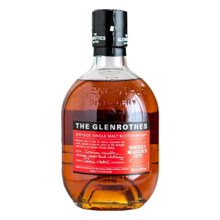 A bottle of Glenrothes Whisky Maker’s Cut Single Malt Scotch Whisky, a Speyside malt matured in sherry casks, comes in an oval clear bottle with a black cap and red label showing product details.