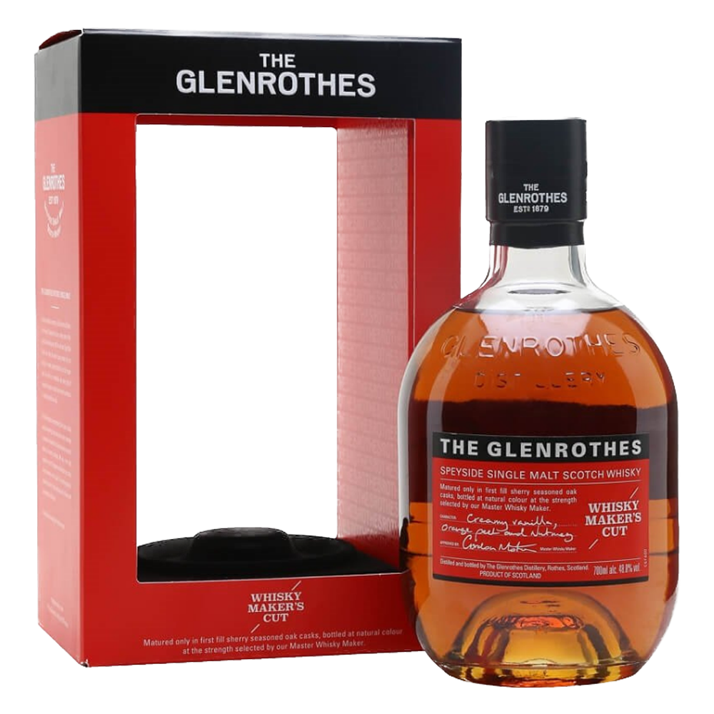 A bottle of Glenrothes Whisky Maker’s Cut Single Malt Scotch Whisky is displayed beside its red and black box, both sporting bold white branding. This sherry cask whisky impresses with its vibrant color and rich flavor.