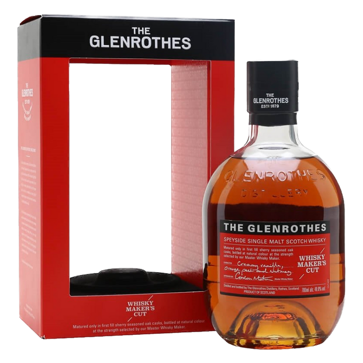 A bottle of Glenrothes Whisky Maker’s Cut Single Malt Scotch Whisky is displayed beside its red and black box, both sporting bold white branding. This sherry cask whisky impresses with its vibrant color and rich flavor.