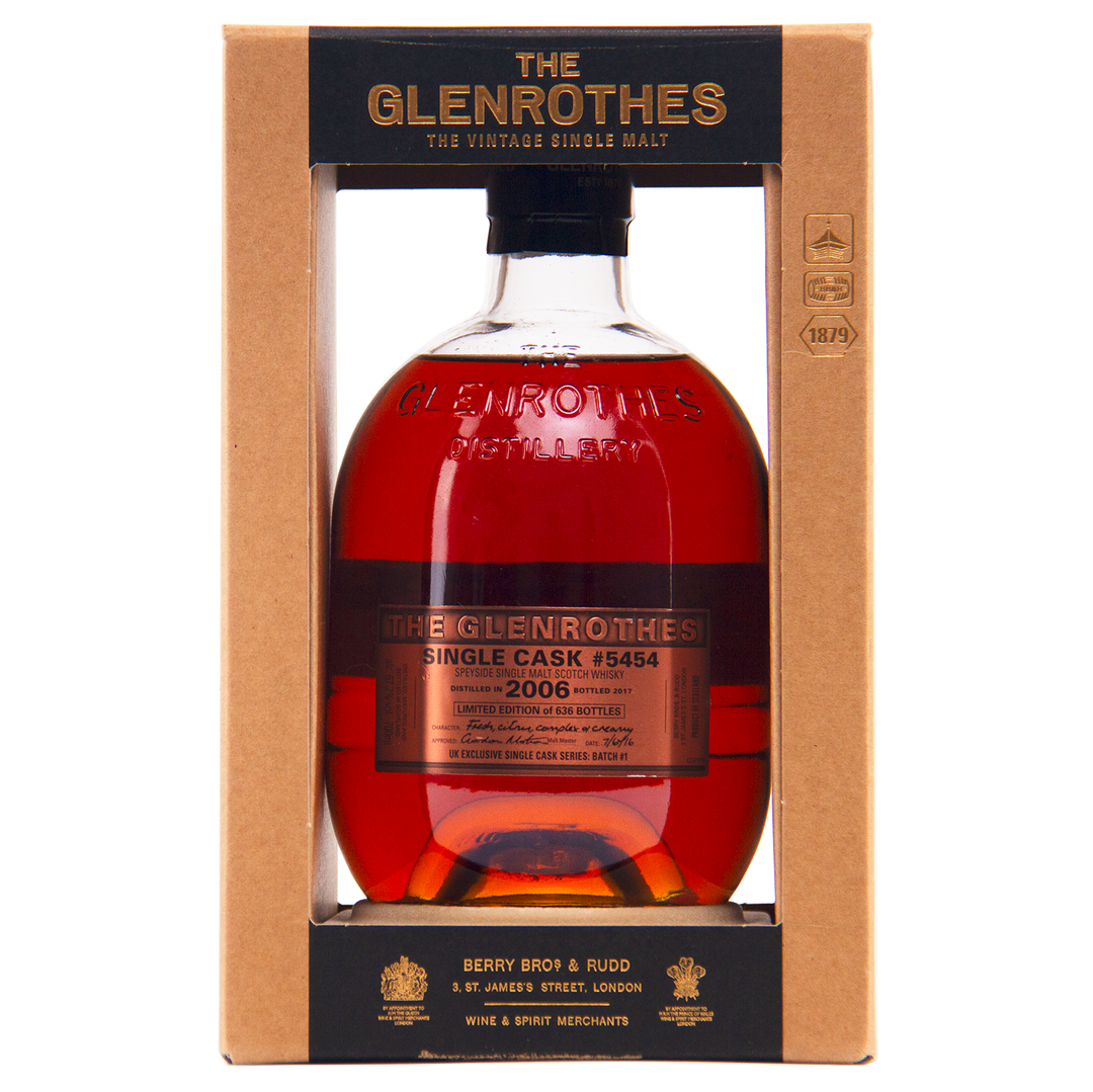A bottle of Glenrothes #5454 Single Malt Scotch Whisky in a brown cardboard display box, featuring the 2006 vintage, sherry butt maturation, and Berry Bros & Rudd branding on the label.