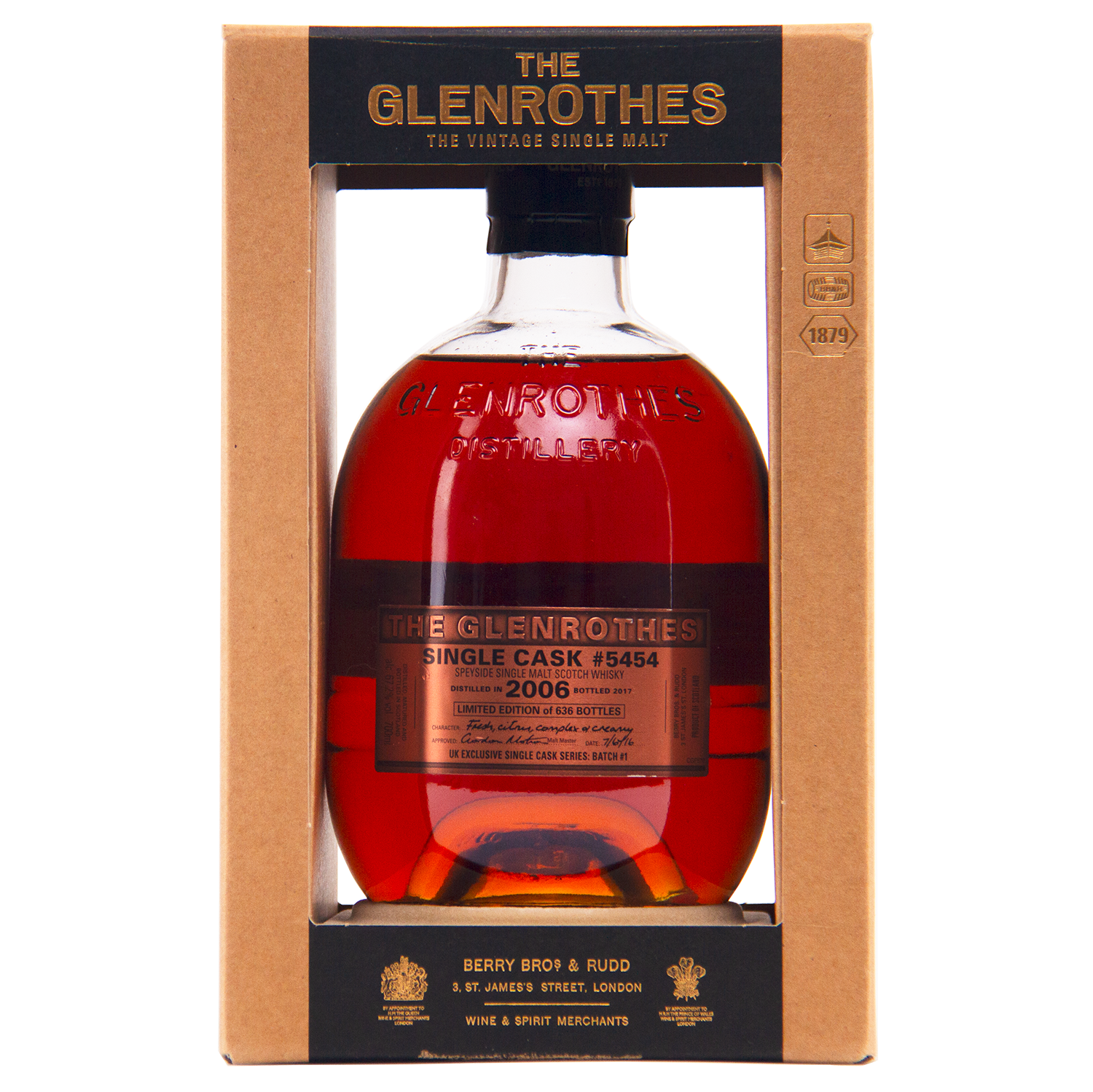A bottle of Glenrothes #5454 Single Malt Scotch Whisky in a brown cardboard display box, featuring the 2006 vintage, sherry butt maturation, and Berry Bros & Rudd branding on the label.