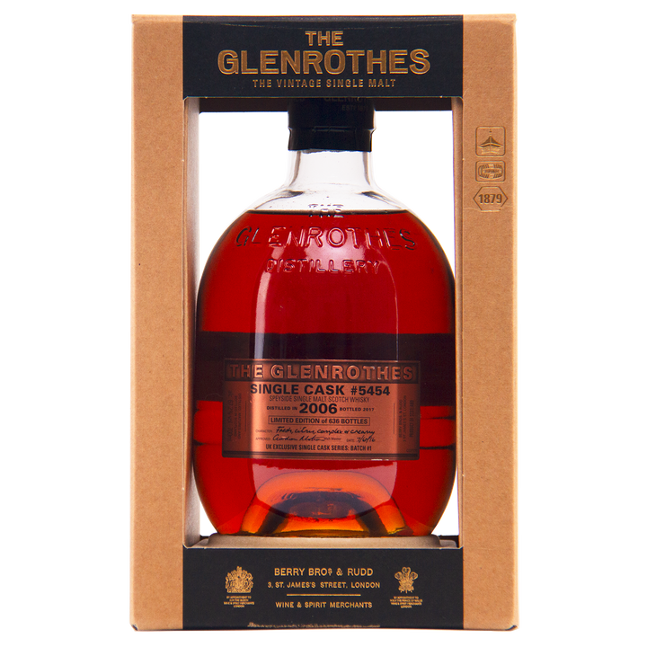 A bottle of Glenrothes #5454 Single Malt Scotch Whisky in a brown cardboard display box, featuring the 2006 vintage, sherry butt maturation, and Berry Bros & Rudd branding on the label.