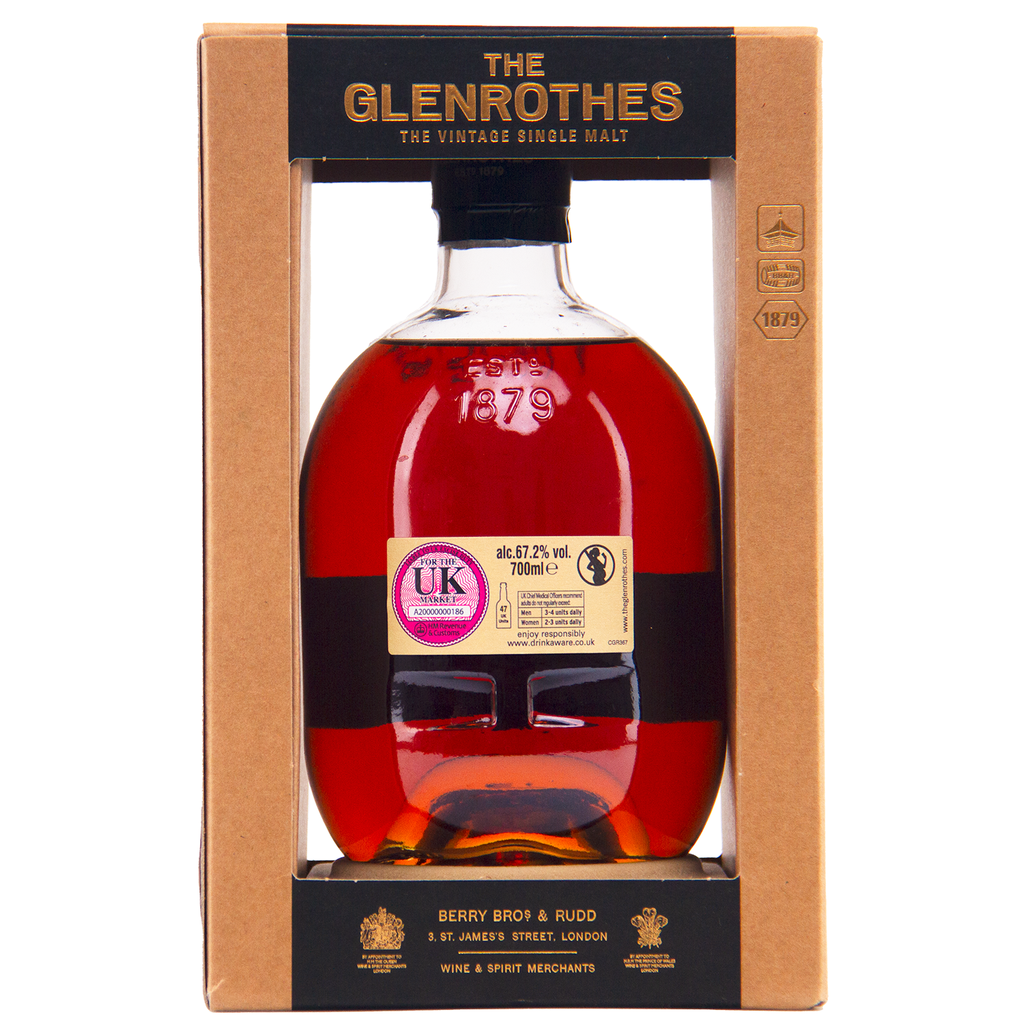A bottle of Glenrothes #5454 Single Malt Scotch Whisky with dark amber liquid, shown in a cardboard box featuring gold and black labels, and a UK duty stamp on the bottle.