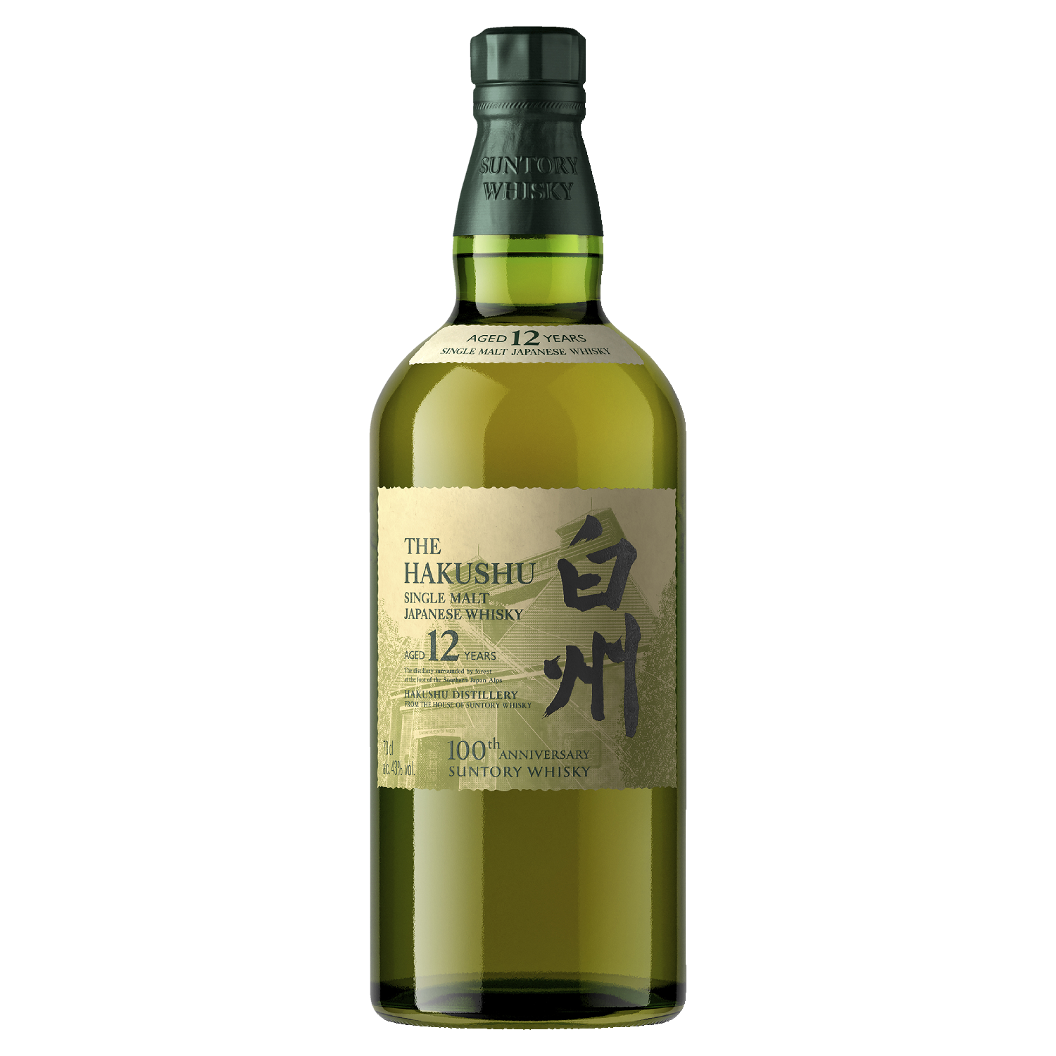A green bottle of Hakushu 100th Anniversary Edition 12 Year Old Single Malt Japanese Whisky with a gold label displaying Japanese and English text, and a green cap—marking Suntory’s centennial celebration.