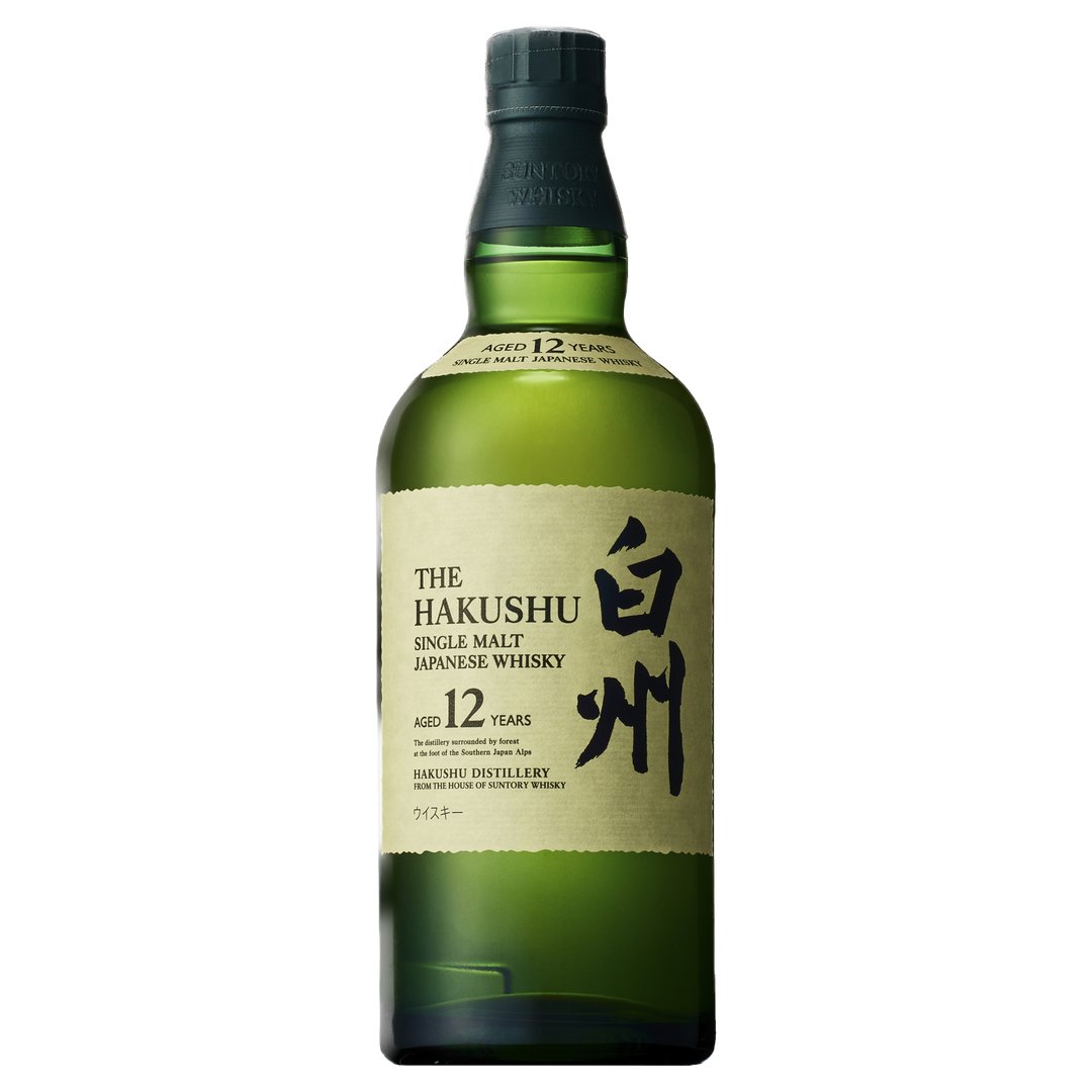 A green bottle of Hakushu 12 Year Old Single Malt Japanese Whisky with a cream label displaying English and Japanese text, shown against a plain white background.