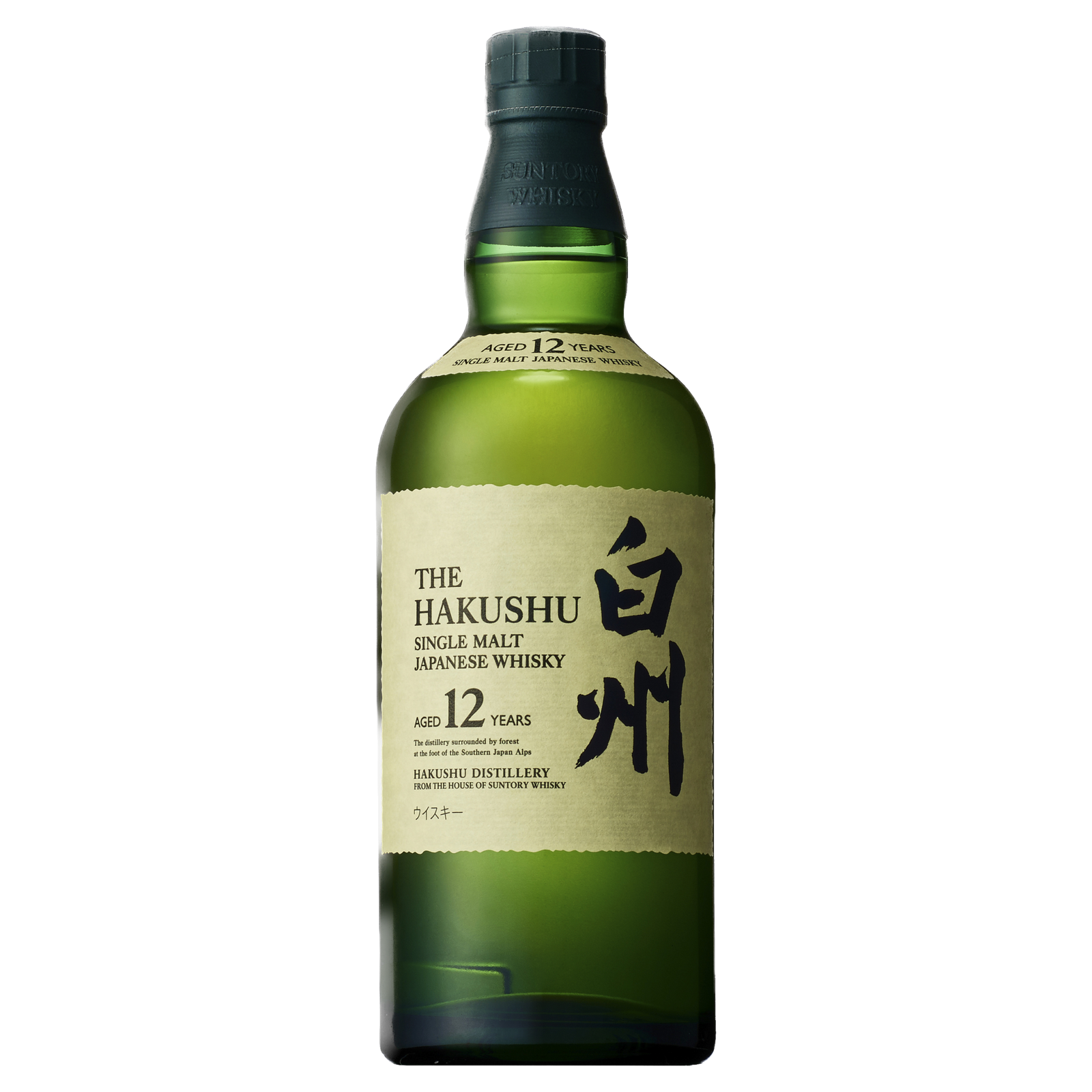 A green bottle of Hakushu 12 Year Old Single Malt Japanese Whisky with a cream label displaying English and Japanese text, shown against a plain white background.