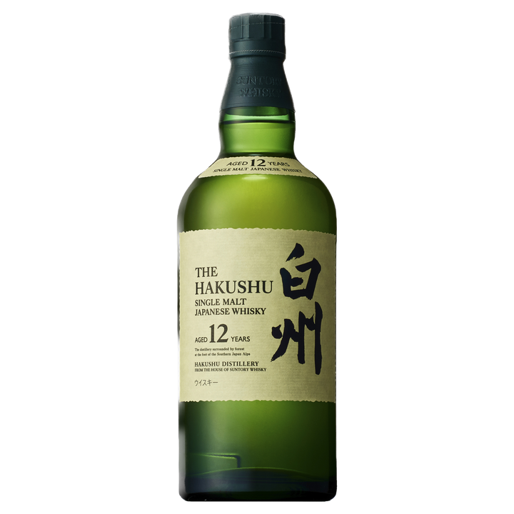 A green bottle of Hakushu 12 Year Old Single Malt Japanese Whisky with a cream label displaying English and Japanese text, shown against a plain white background.