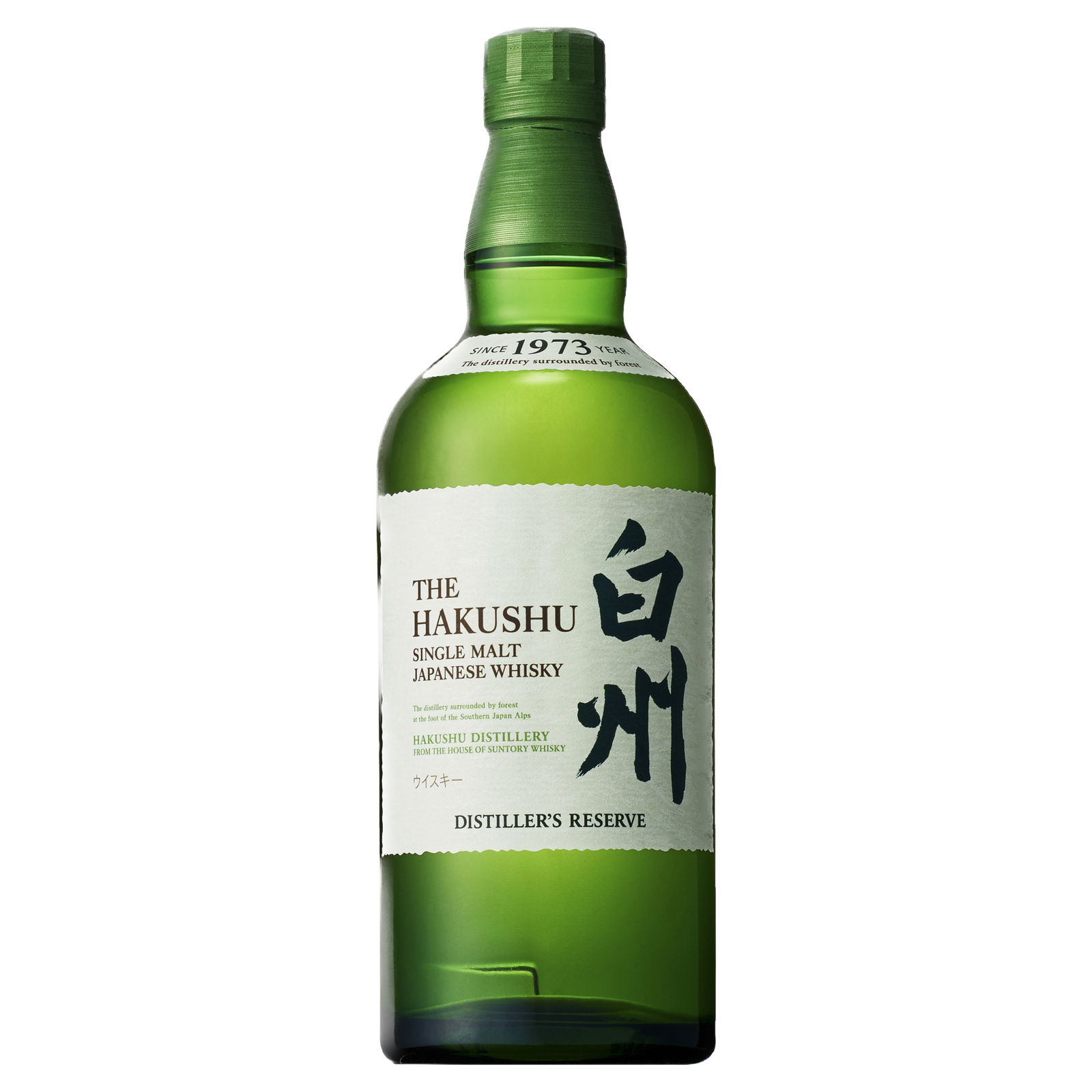 A green bottle of Hakushu Distiller’s Reserve Single Malt Japanese Whisky features a white label with English and Japanese text, a green cap, and hails from the renowned Hakushu Distillery.