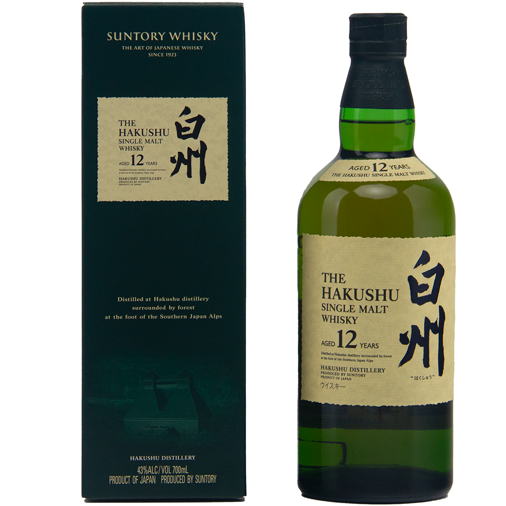 A bottle of Hakushu 12 Year Old (Older Packaging) Single Malt Whisky stands next to its green box, both adorned with gold labels in Japanese and English, highlighting the whisky’s age and origin.