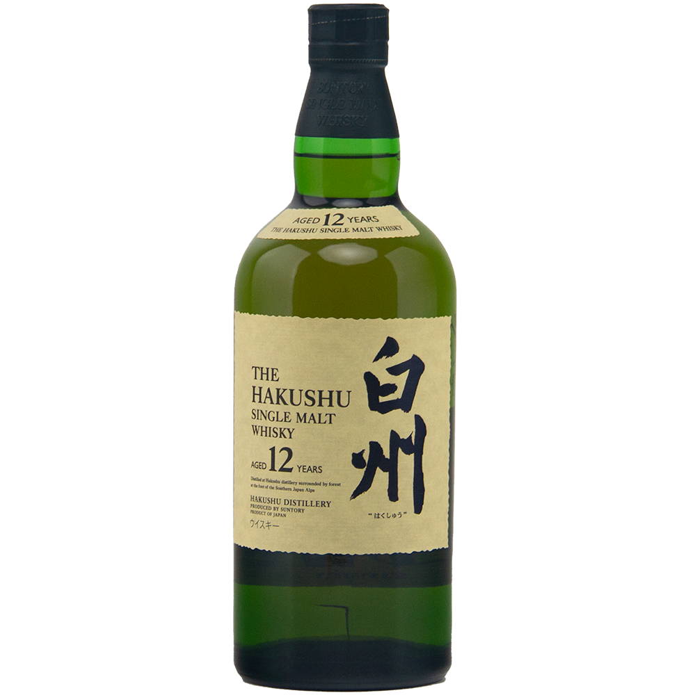 A green bottle of Hakushu 12 Year Old (Older Packaging) Single Malt Whisky features a cream label with Japanese and English text, plus a black cap—a collectible choice for whisky connoisseurs.