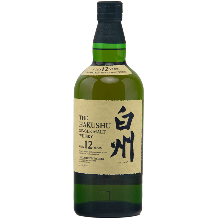 A green bottle of Hakushu 12 Year Old (Older Packaging) Single Malt Whisky features a cream label with Japanese and English text, plus a black cap—a collectible choice for whisky connoisseurs.