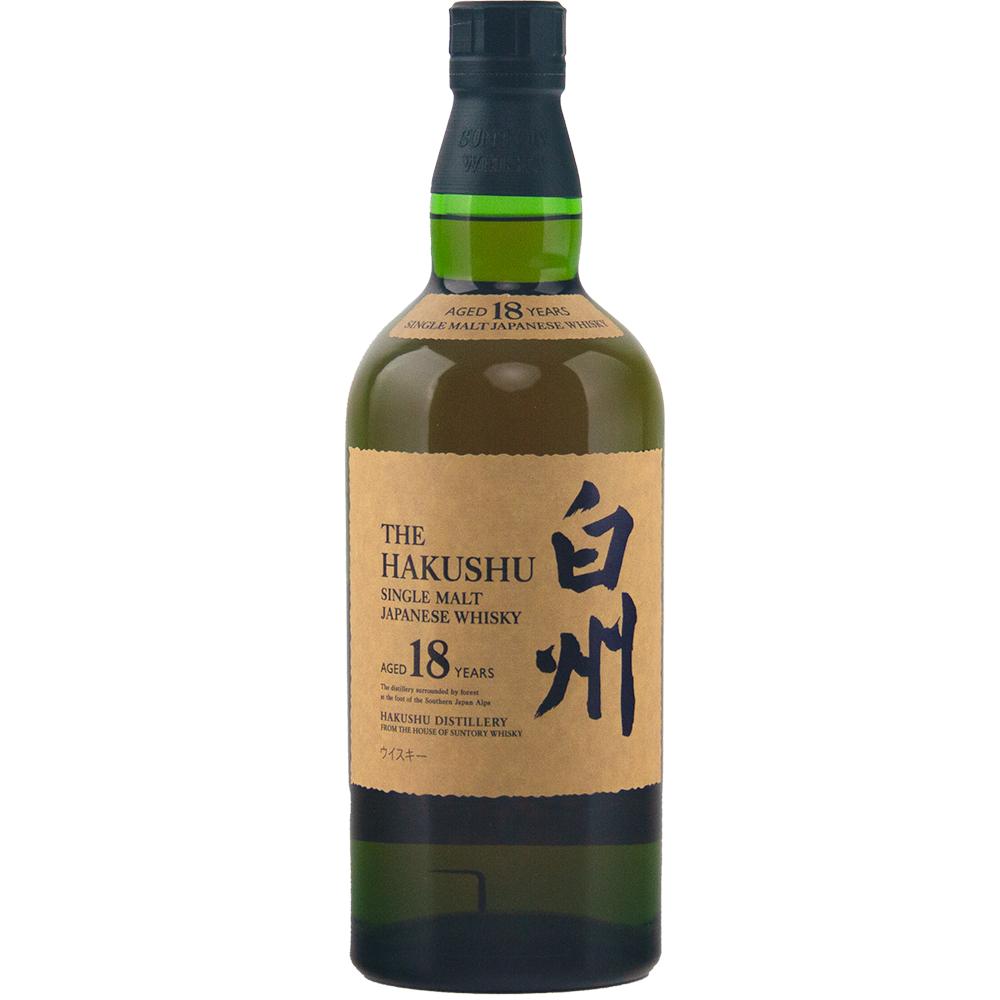 A green bottle of Hakushu 18 Year Old Single Malt Whisky features a beige label with bold black Japanese calligraphy, English text, and is finished with a sleek black cap. Crafted by Suntory.