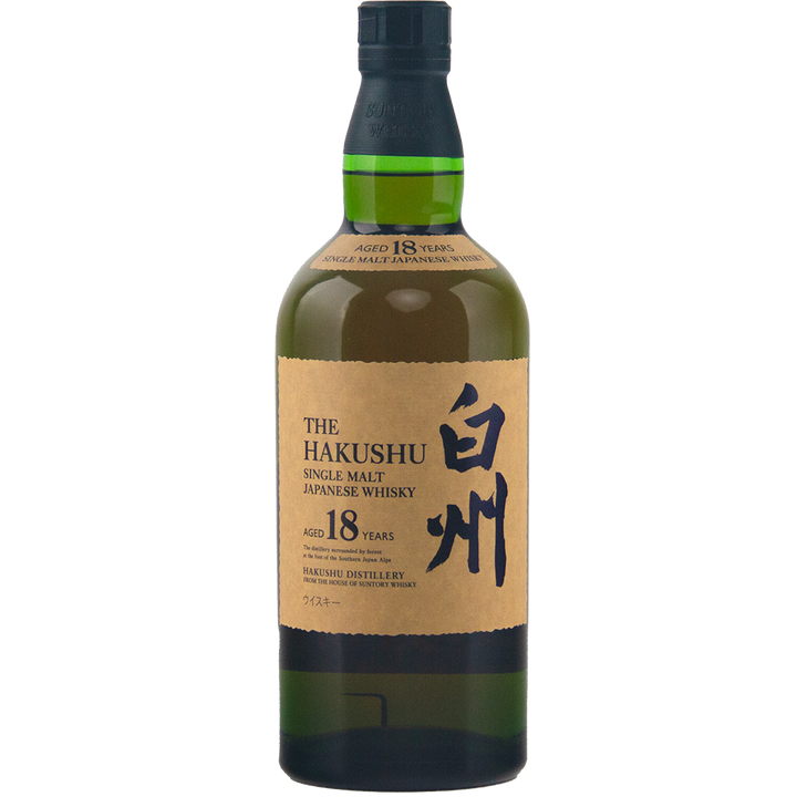 A green bottle of Hakushu 18 Year Old Single Malt Whisky features a beige label with bold black Japanese calligraphy, English text, and is finished with a sleek black cap. Crafted by Suntory.
