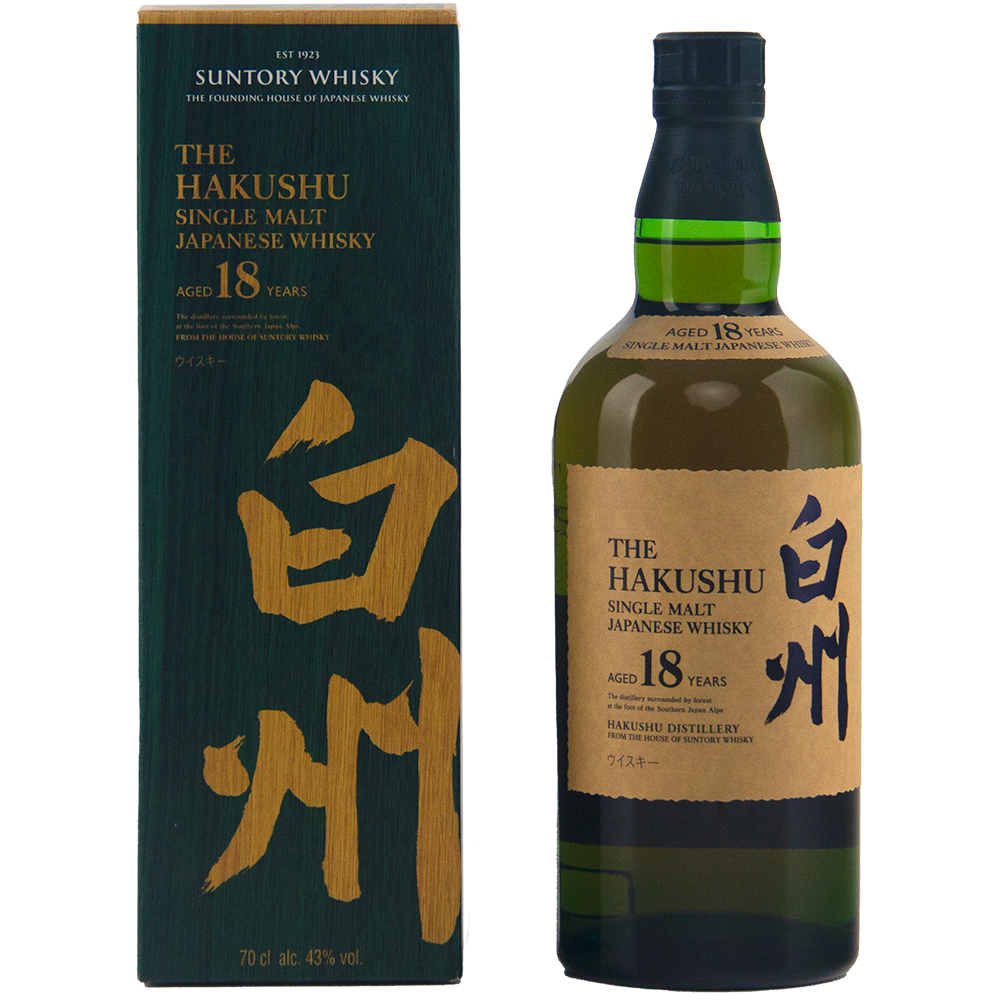 A bottle of Hakushu 18 Year Old Single Malt Whisky stands next to its dark green box with gold Japanese calligraphy and English text. The bottle has a green cap and an elegant gold label.