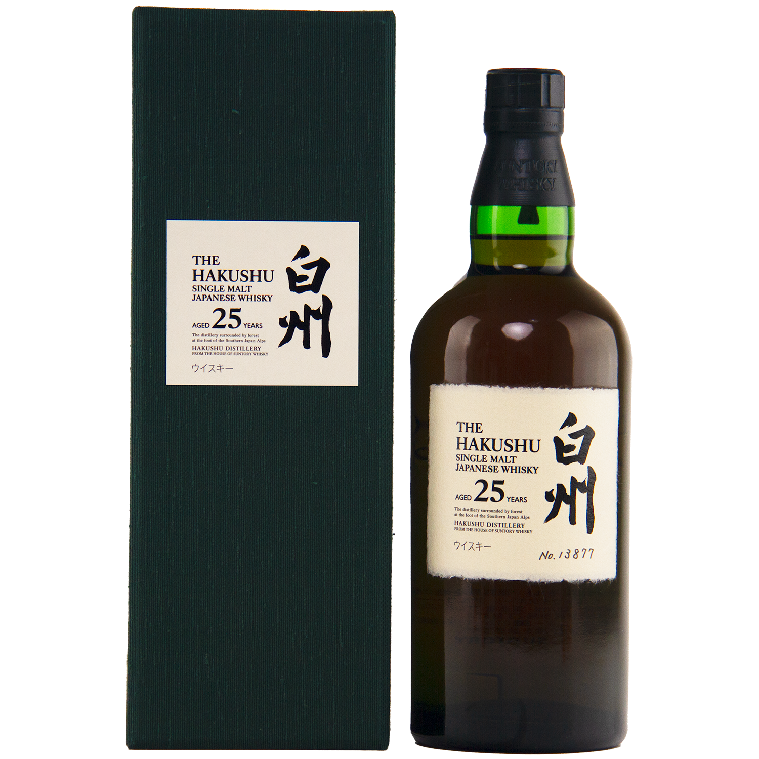 A bottle of Hakushu 25 Year Old Single Malt Japanese Whisky stands beside its dark green box, both displaying white labels with black text and Japanese characters.