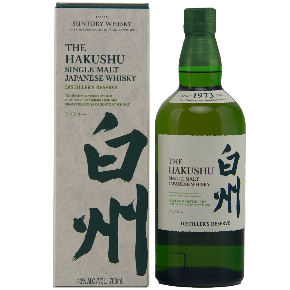 A green bottle of Hakushu Story Of The Distillery 2024 Edition whisky stands by its matching box, both featuring black Japanese calligraphy and English text marking it as a single malt, 43% ABV, 700ml.