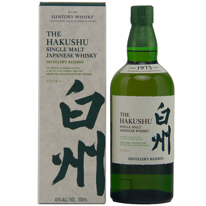 A green bottle of Hakushu Story Of The Distillery 2024 Edition whisky stands by its matching box, both featuring black Japanese calligraphy and English text marking it as a single malt, 43% ABV, 700ml.
