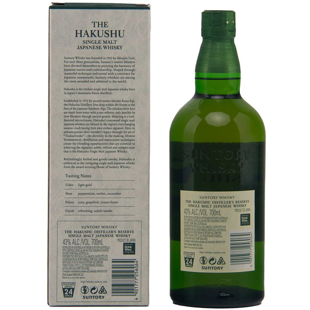 A green bottle of Hakushu Story Of The Distillery 2024 Edition whisky stands beside its box, which features detailed information and tasting notes. The bottle label indicates 43% alcohol content and a 700ml volume of this renowned Japanese single malt.