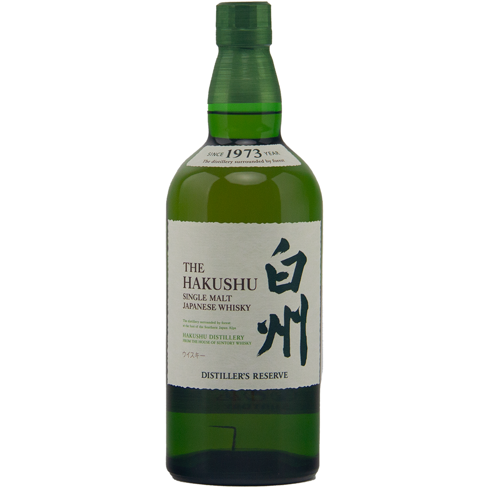 A green glass bottle of Hakushu Story Of The Distillery 2024 Edition, with white and green labeling in Japanese and English and a green cap—an exquisite Japanese single malt for any whisky connoisseur.