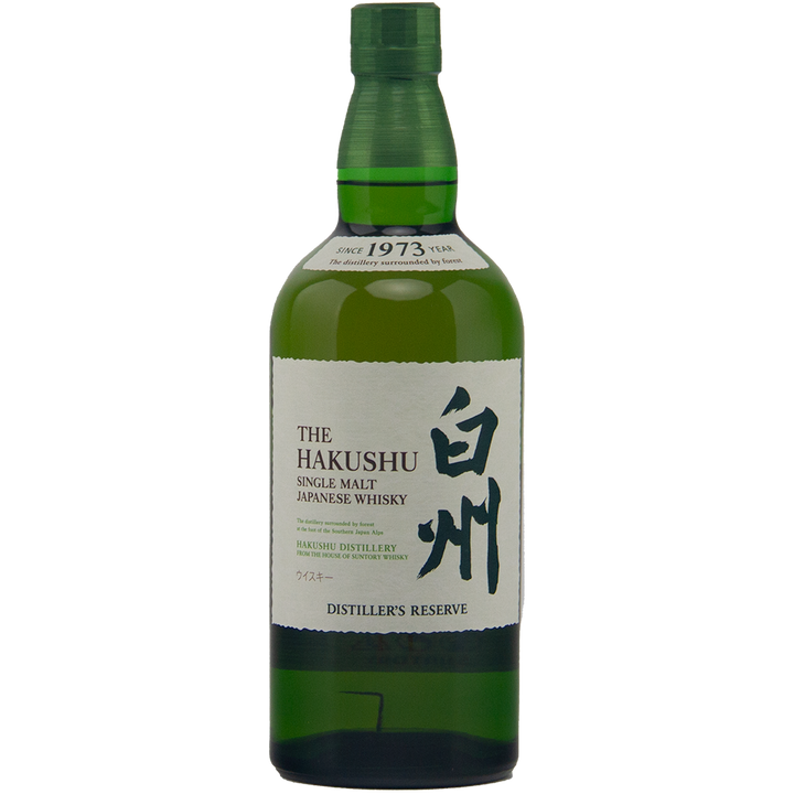 A green glass bottle of Hakushu Story Of The Distillery 2024 Edition, with white and green labeling in Japanese and English and a green cap—an exquisite Japanese single malt for any whisky connoisseur.