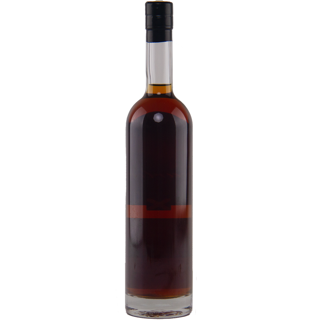 A tall, clear glass bottle filled with dark brown Heartwood A Serious Whisky Australian Single Malt Whisky, featuring a black cap and an unlabeled design, showcases its rich character against a white background.
