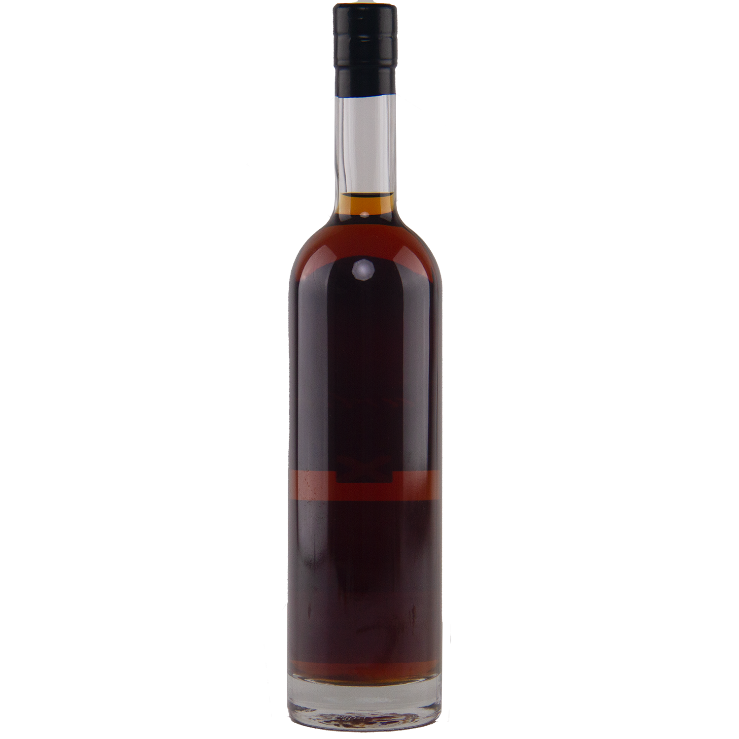 A tall, clear glass bottle filled with dark brown Heartwood A Serious Whisky Australian Single Malt Whisky, featuring a black cap and an unlabeled design, showcases its rich character against a white background.