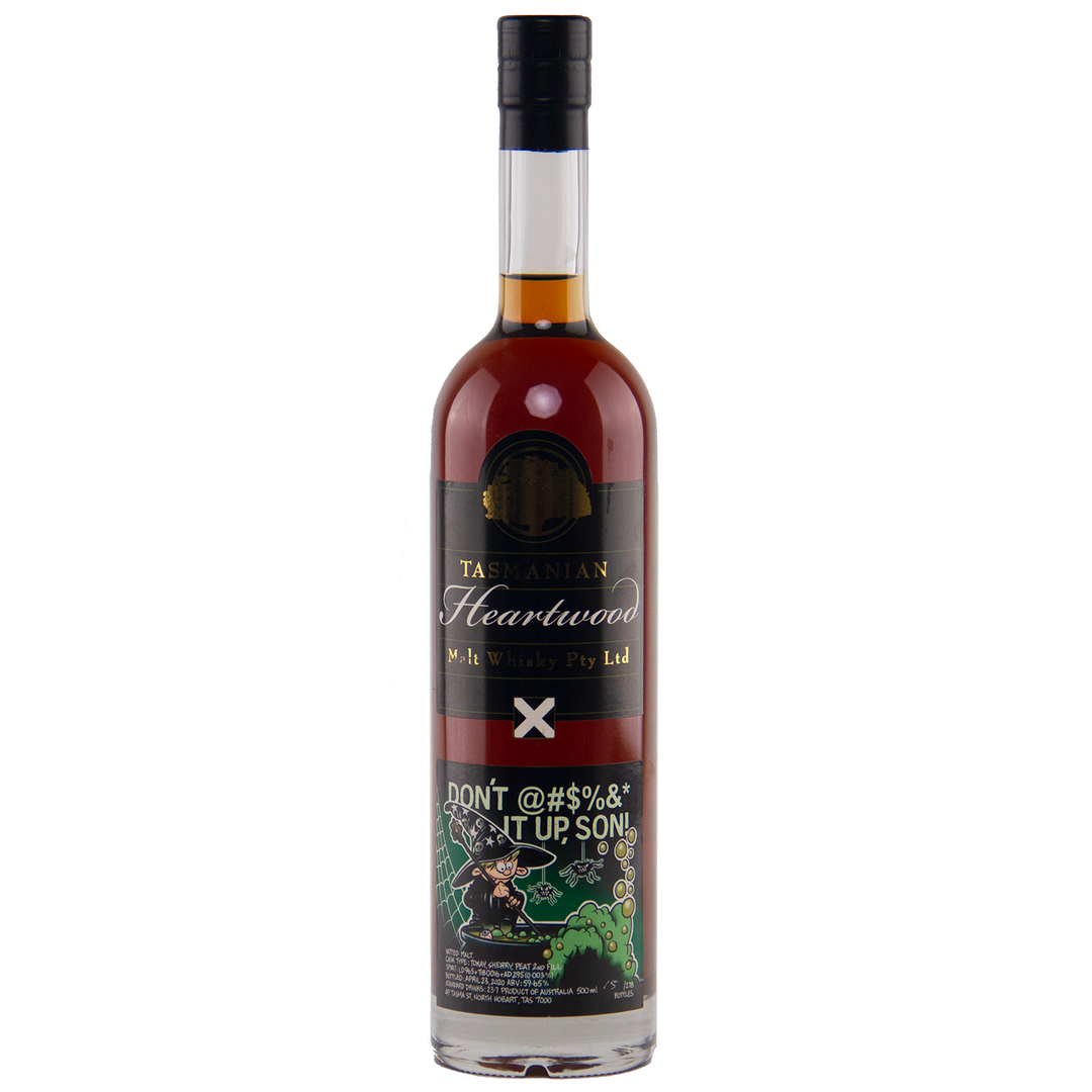 A tall bottle of Heartwood Don’t @#%^& It Up, Son! Australian Single Malt Whisky, featuring a dark label with gold text and a cartoon image, crafted by Tim Duckett.
