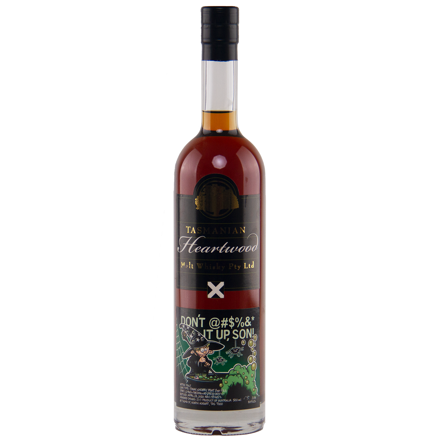 A tall bottle of Heartwood Don’t @#%^& It Up, Son! Australian Single Malt Whisky, featuring a dark label with gold text and a cartoon image, crafted by Tim Duckett.