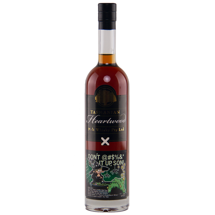 A tall bottle of Heartwood Don’t @#%^& It Up, Son! Australian Single Malt Whisky, featuring a dark label with gold text and a cartoon image, crafted by Tim Duckett.