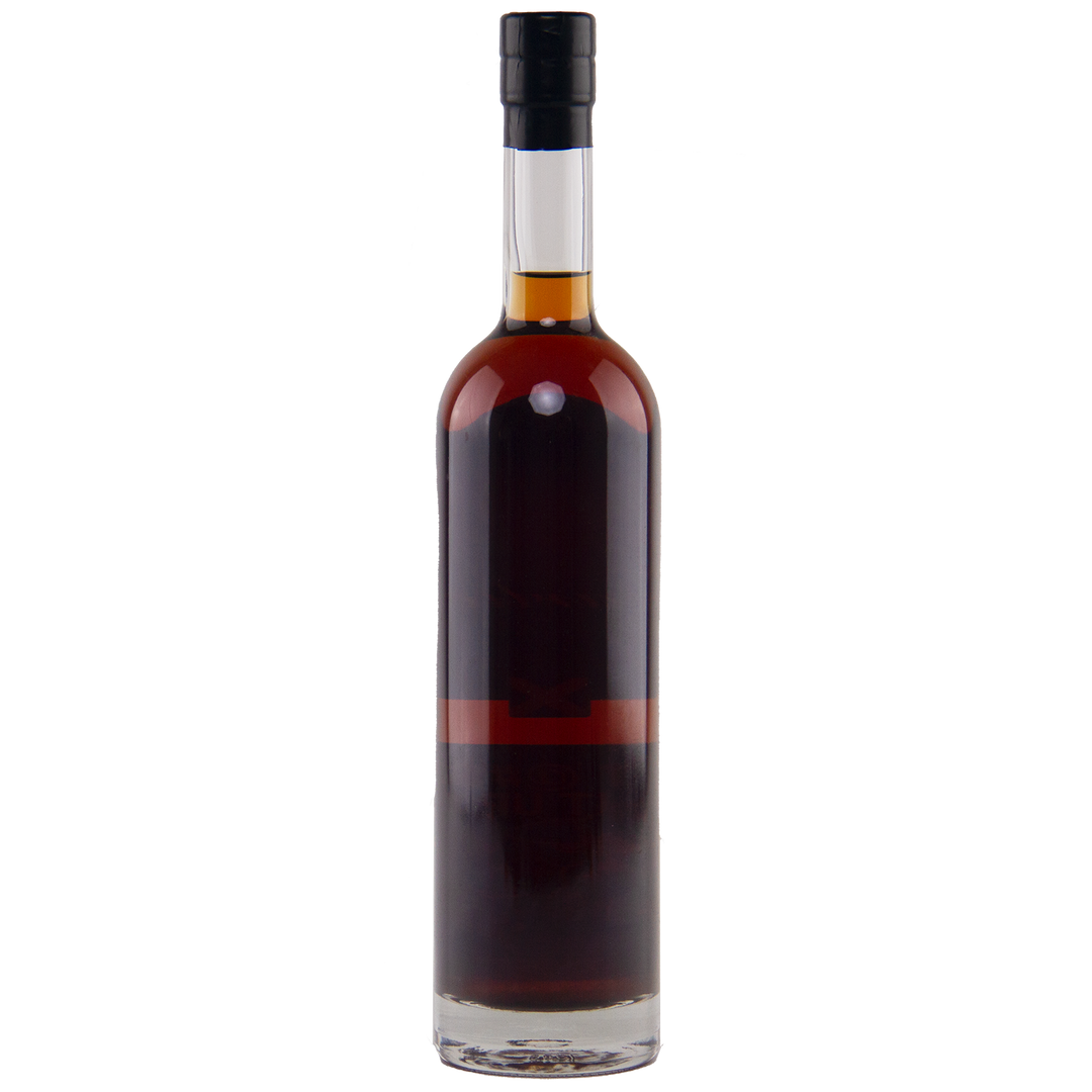A tall, clear glass bottle of Heartwood Don’t @#%^& It Up, Son! Australian Single Malt Whisky, filled with dark brown liquid and sealed with a black cap and minimal label, stands upright against a plain white background.
