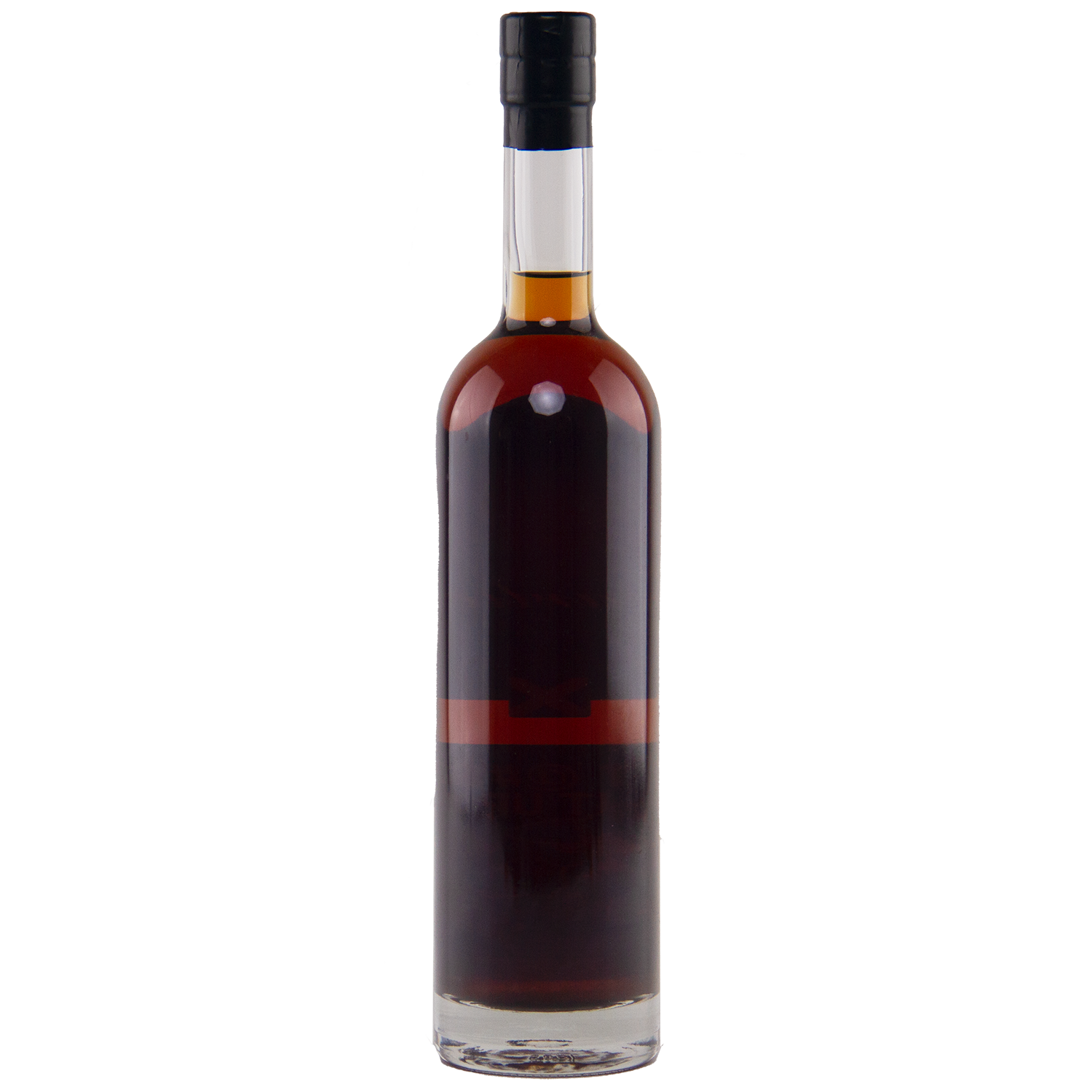 A tall, clear glass bottle of Heartwood Don’t @#%^& It Up, Son! Australian Single Malt Whisky, filled with dark brown liquid and sealed with a black cap and minimal label, stands upright against a plain white background.