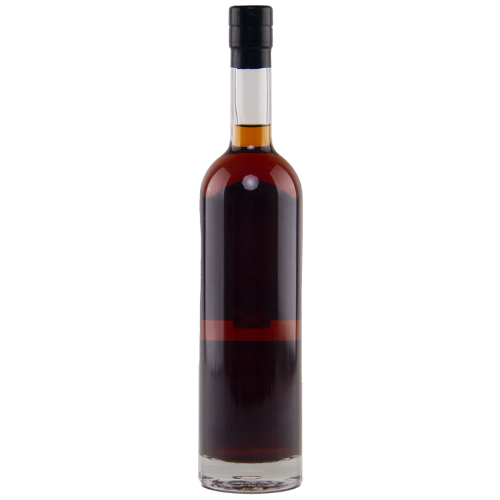 A tall, clear glass bottle of Heartwood Don’t @#%^& It Up, Son! Australian Single Malt Whisky, filled with dark brown liquid and sealed with a black cap and minimal label, stands upright against a plain white background.