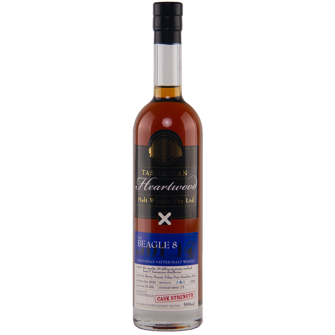 A tall, clear bottle of Heartwood The Beagle 8 Australian Single Malt Whisky with a black cap, amber liquid, and detailed black, gold, blue, and white labels featuring a red "Cask Strength" mark at the bottom.