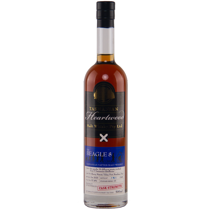 A tall, clear bottle of Heartwood The Beagle 8 Australian Single Malt Whisky with a black cap, amber liquid, and detailed black, gold, blue, and white labels featuring a red "Cask Strength" mark at the bottom.
