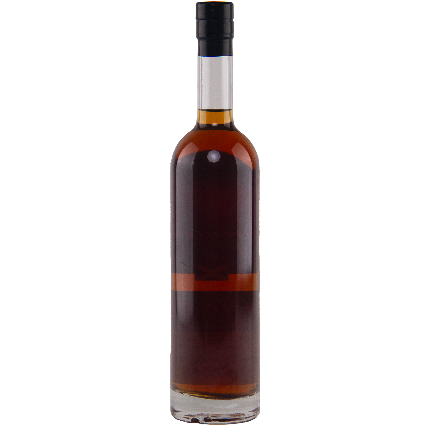 A tall, clear glass bottle of Heartwood The Beagle 8 Australian Single Malt Whisky with dark amber liquid, black cap, and no visible label stands against a plain white background—evoking cask strength exclusivity.