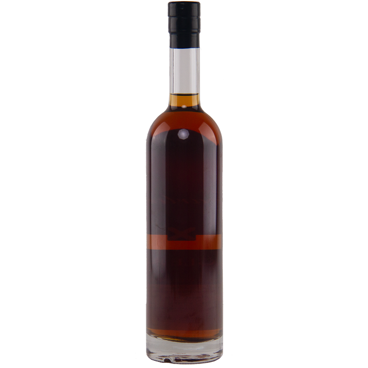 A tall, clear glass bottle of Heartwood The Beagle 8 Australian Single Malt Whisky with dark amber liquid, black cap, and no visible label stands against a plain white background—evoking cask strength exclusivity.