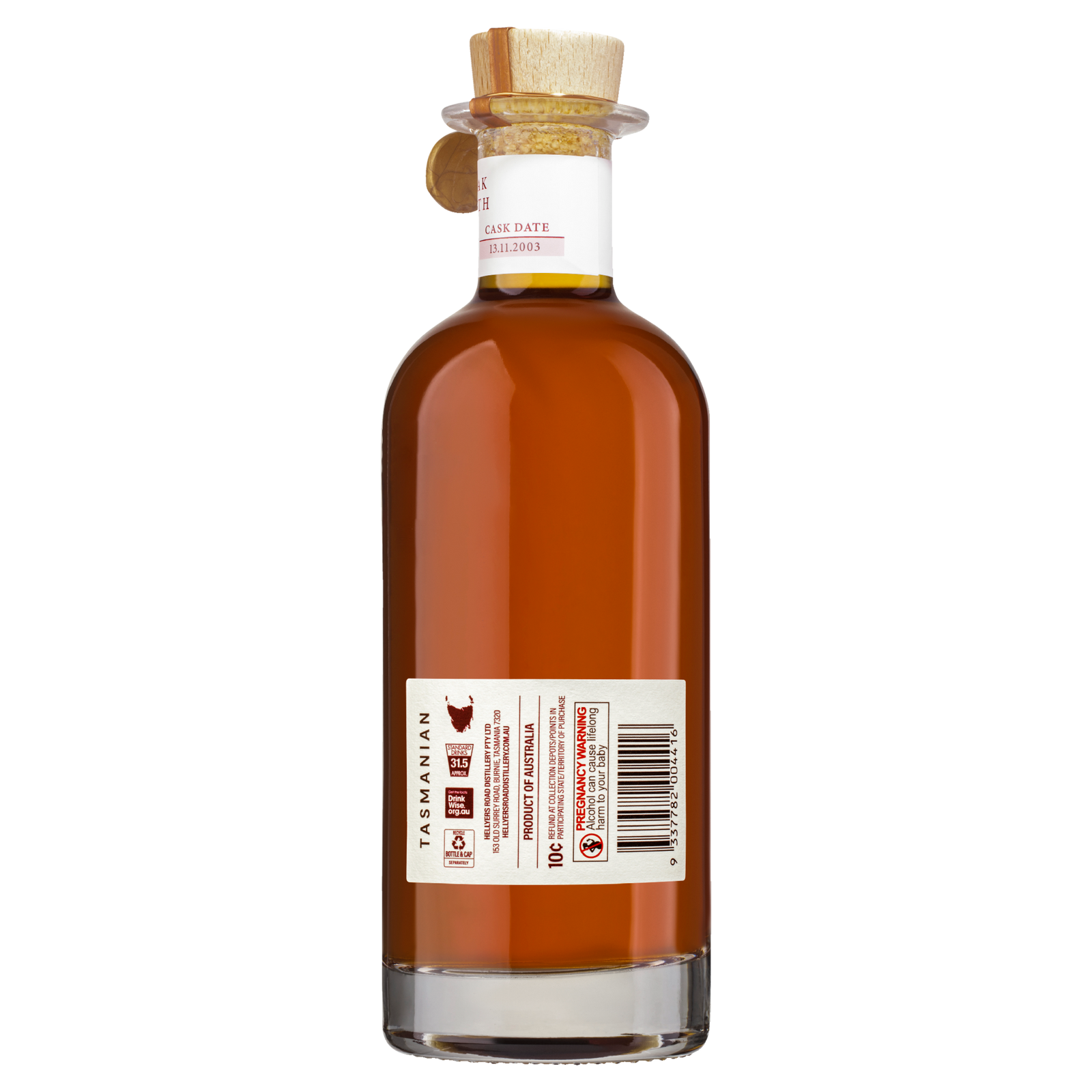 A clear glass bottle of amber Hellyers Road 19 Year Old ‘Voyager Cask’ Australian Single Malt Whisky, sealed with a wooden stopper. The back label features text, barcode, and symbols; "TASMANIAN" is written vertically on the bottle.