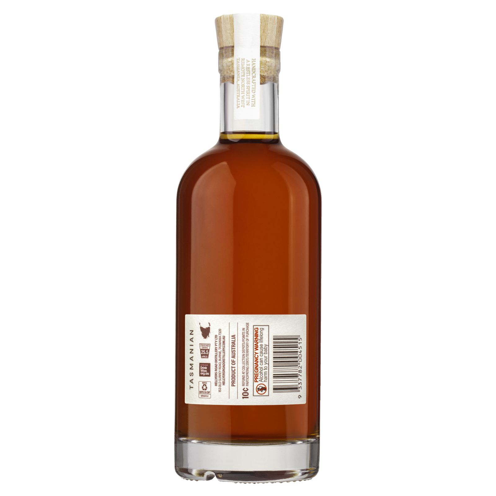A clear glass bottle of Hellyers Road Double Cask Australian Single Malt Whisky with a wooden cap is shown from the back, featuring a white label with text, an image, and a barcode, set against a plain white background.